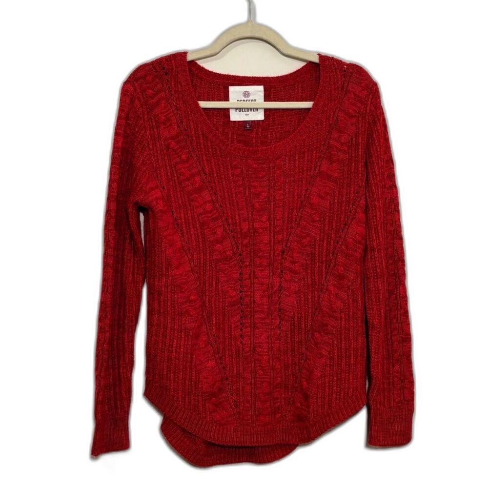 SO Perfect Pullover Red Cable Knit Sweater Pointelle Scoop Neck Fitted Juniors L